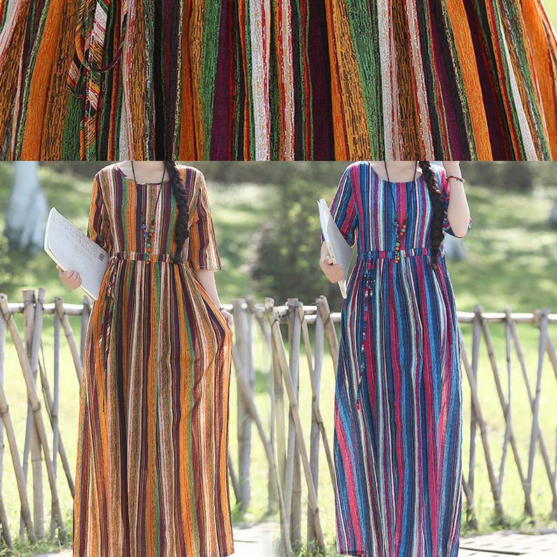 DIY Yellow Striped Cotton Linen Dress Fashion Inspiration Neck Half Sleeve Plus Size