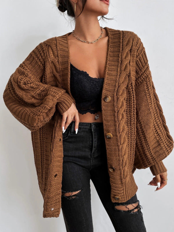fall outfits women V-neck Sweater Women's Retro Style Fashion Loose Twist Lantern Sleeve Cardigan Knitted Coat