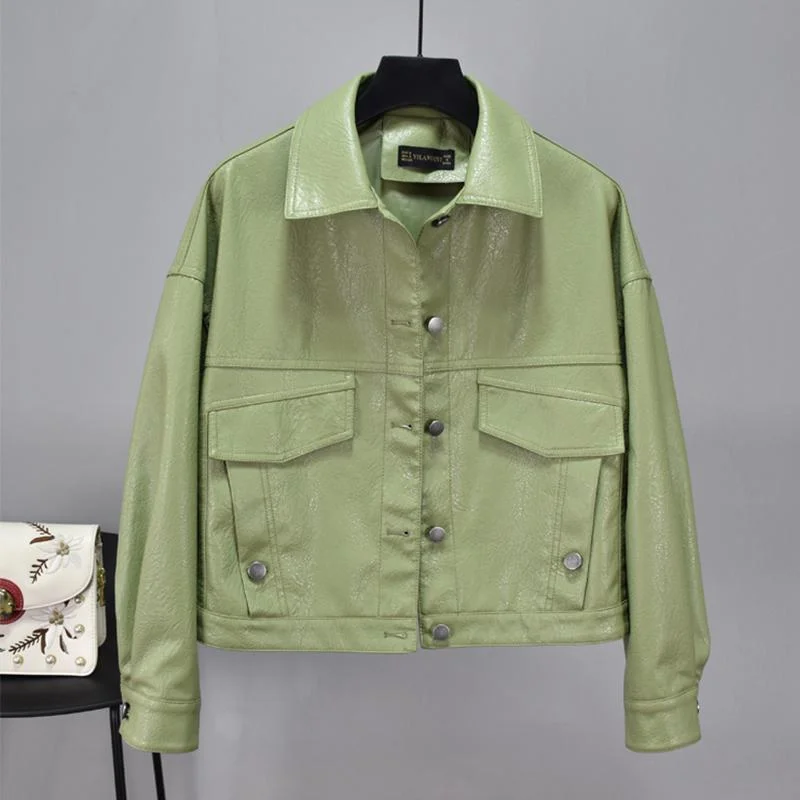 FTLZZ Women Green Faux Leather Jacket Batwing Sleeve Biker Coat Short Single Breasted Pu Motorcycle Loose Jacket Outerwear