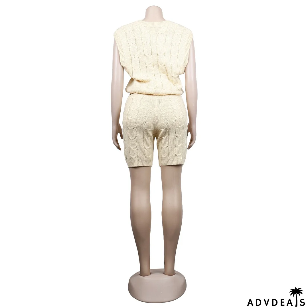 Sexy Solid Deep V Neck Sleeveless Loose Sweater Slim Shorts Two Piece Set