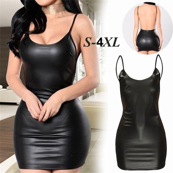 S-6XL Women's Fashion Spring Summer Black Backless Latex Sleeveless V-Neck Party Dress PU Leather Club Clothing Dress Fancy Lingerie Cosplay Dress - Life is Beautiful for You - SheChoic