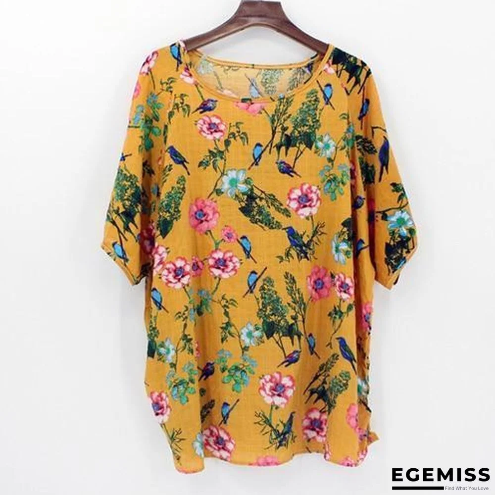 4XL Plus Size Women Batwing Casual Tops Tees Floral Print Cotton Linen Blouses | EGEMISS