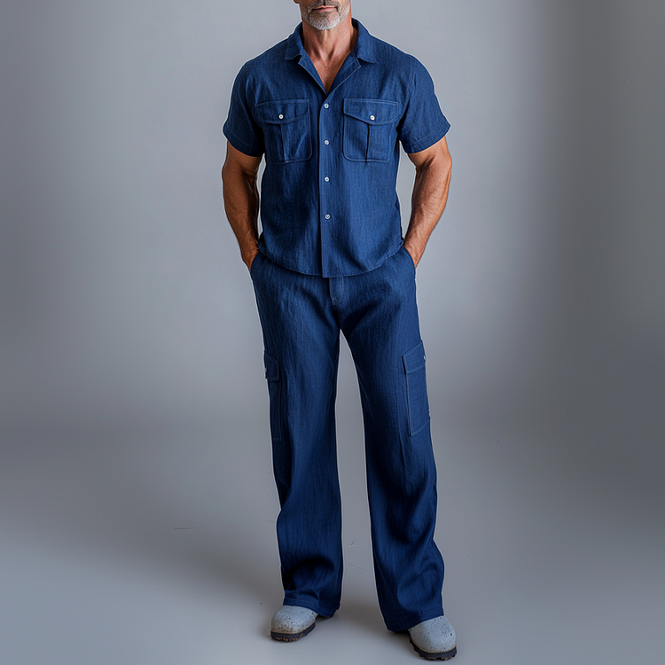 Men's Solid Chest Pocket Short Sleeve Shirt & Cargo Pants 2Pcs Set