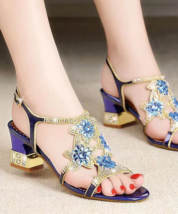 Boutique Blue Sandals Buckle Strap Peep Toe Splicing Zircon