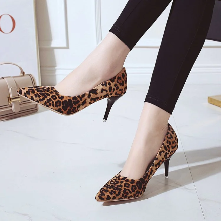 Plus Size 35-44 Shoes Woman High Heels Pumps 8cm Tacones Pointed Toe Stilettos Talon Femme Sexy Ladies Wedding Leopard