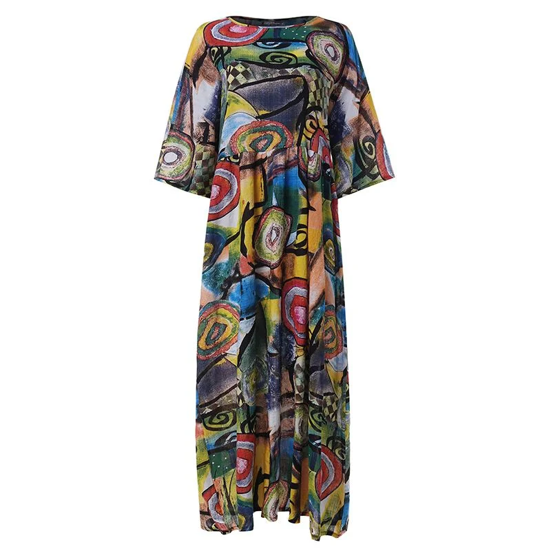 Autumn Summer Dress Women Vintage Vestidos ZANZEA 2022 Pleated Printed Long Maxi Dresses Tunic Party Femme 3/4 Sleeve