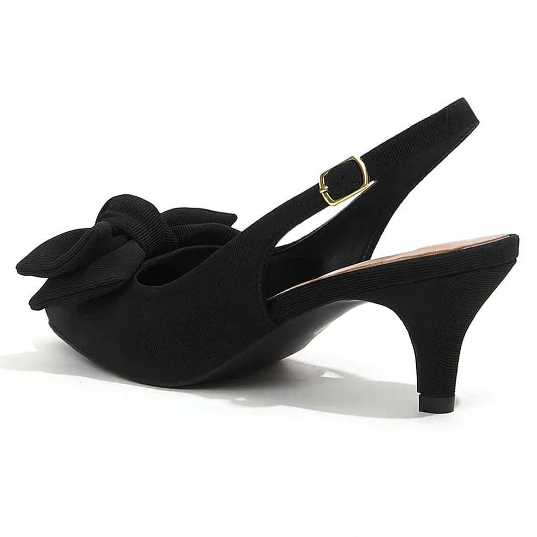 Black Kitten Low Heel Bow Pointed Toe Comfort Slingback Shoes