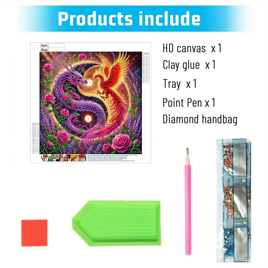Dragon and Phoenix Yin Yang Bagua Special Shaped 5D DIY Partial Drill Diamond Painting Kits for Adults Beginners Home Decor Diamonds Paintings Gem Art 30x30cm