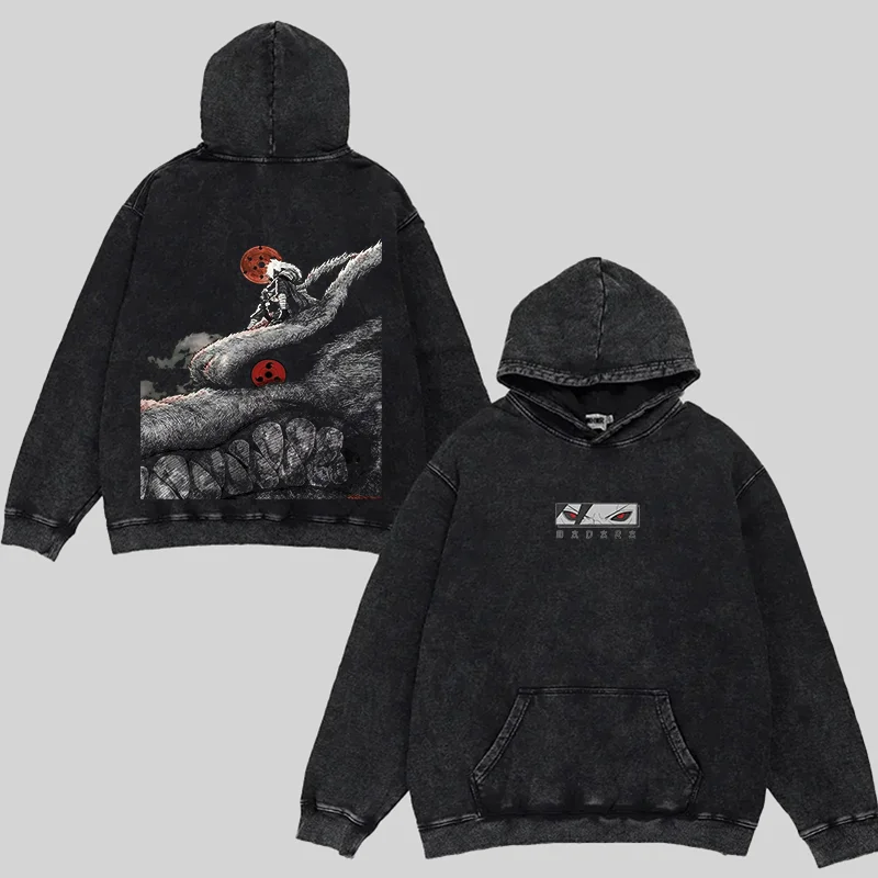 Retro Uchiha Madara X Naruto Anime Printed Men's Washed Hoodie
