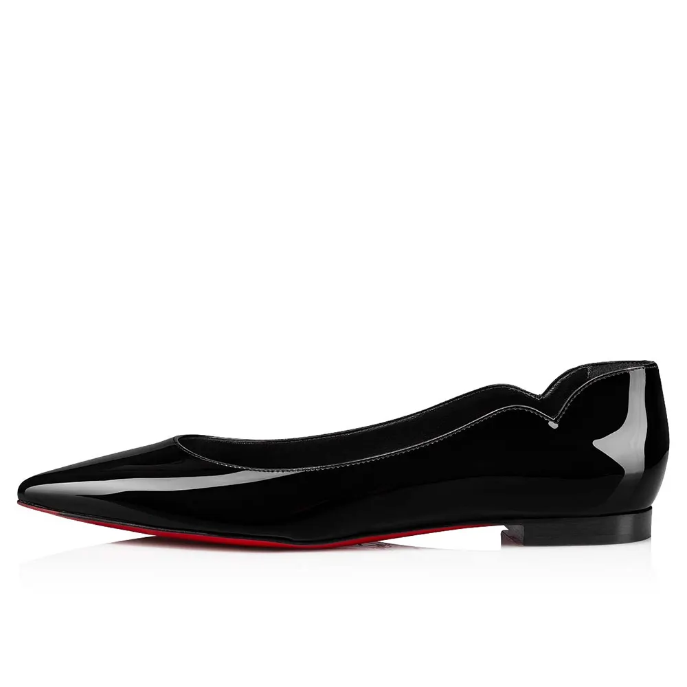 Women's Red Bottom Flat Shoes Pointed Toe Solid Color Patent Leather V-shaped Notches Shoes-vocosishoes