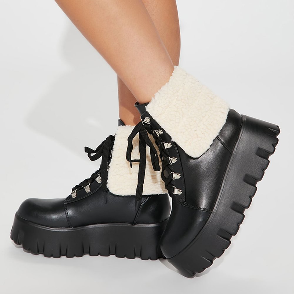 Leather Lace Up Flatform Boots Fur Chunky Sole Combat Boots