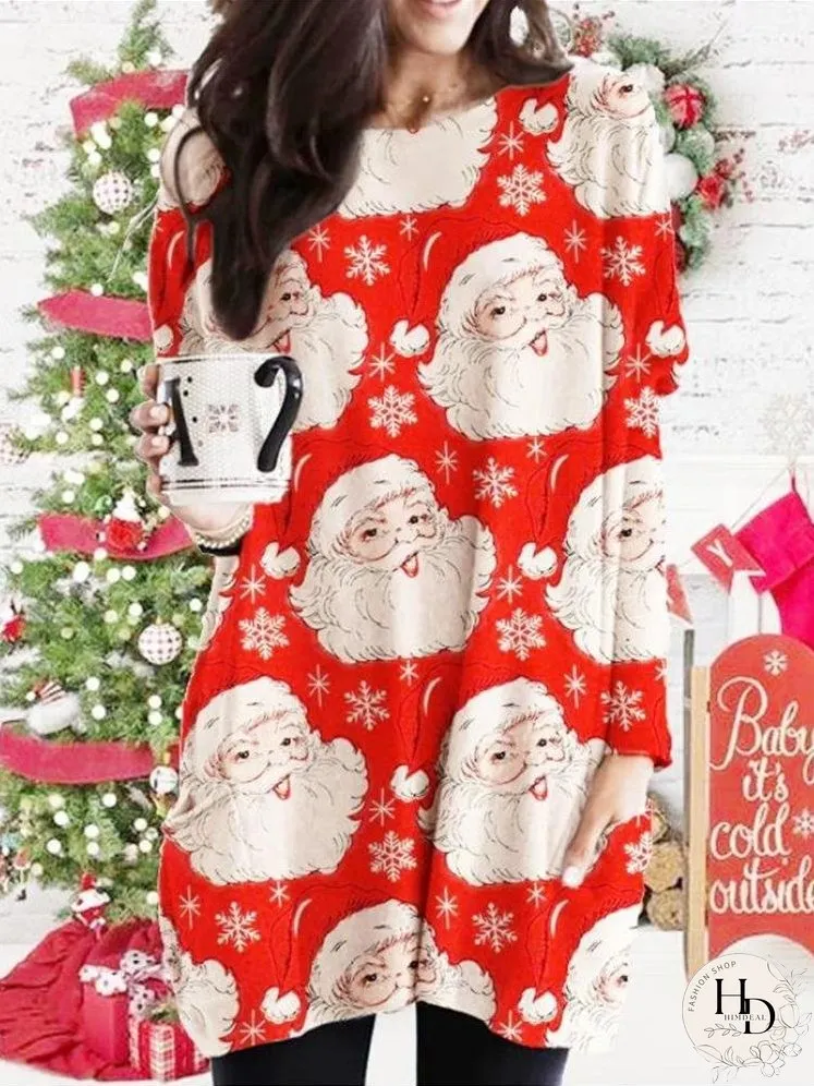 Dresses Christmas Print Pocket Bat Long Sleeve Dress for Women