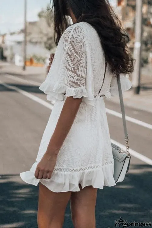 V Neck Lace Mini Dress