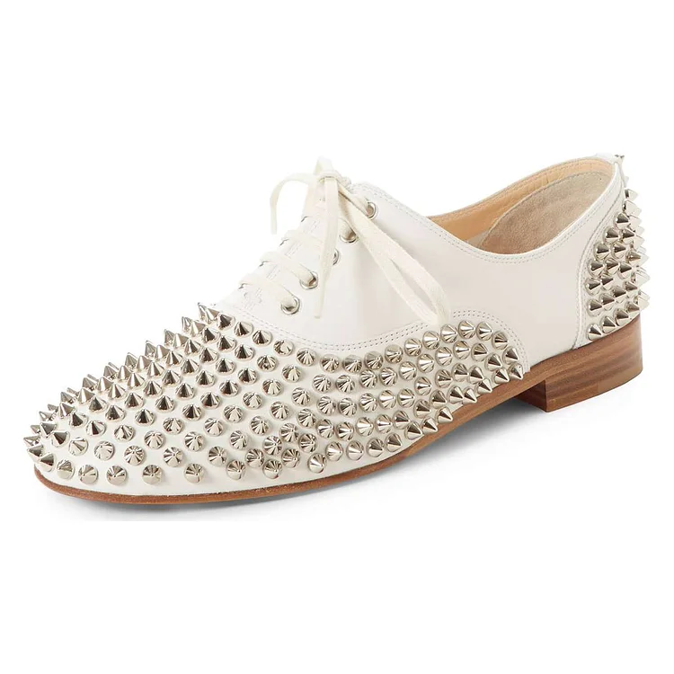 White Studs Shoes Lace Up Oxfords |FSJ Shoes