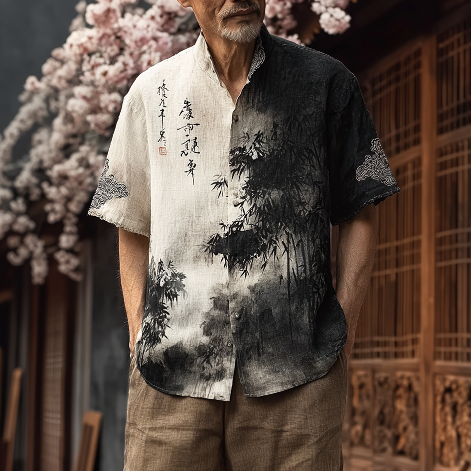Comstylish Japanese Art Retro Ink Painting Design Pattern Men's Casual Linen Short-sleeve Shirt