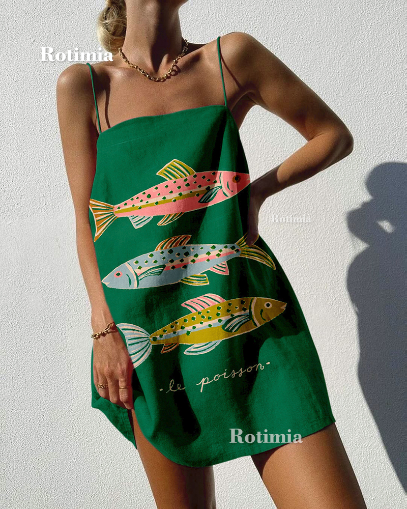 Rotimia Abstract Fish Print Strap Mini Dress