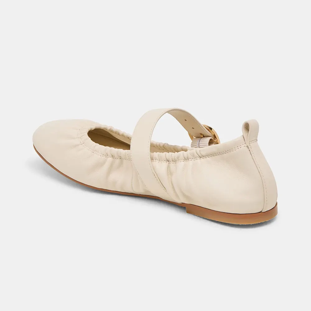 Ivory Faux Leather Round Toe Buckle Strap Flat Shoes for Women