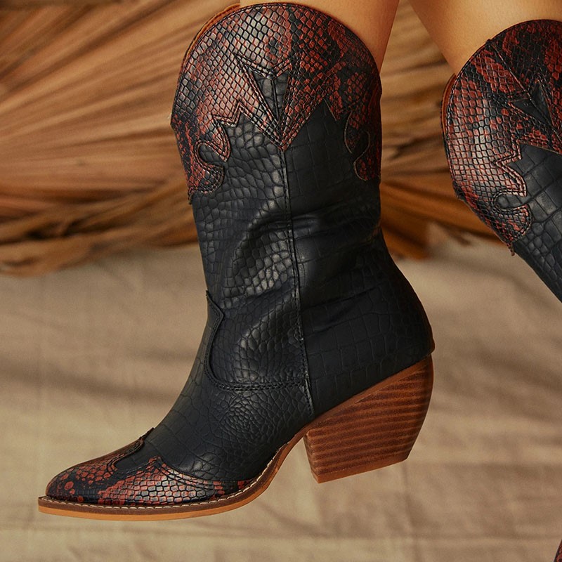 Women's Snakeskin Print Shoes Pointed Toe Block Heels Mid Calf Western Boots