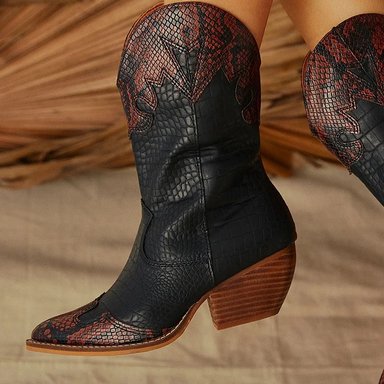 Women's Snakeskin Print Shoes Pointed Toe Block Heels Mid Calf Western Boots |FSJ Shoes