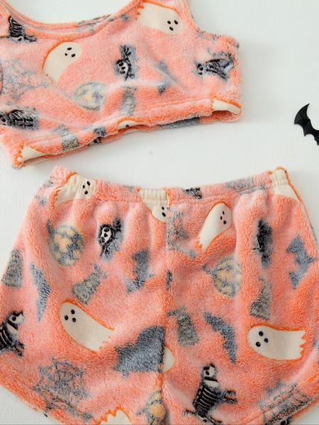 4 Counts/2 Set Women's Halloween Print Glow in The Dark Crop Tank Top & Elastic Waist Shorts Fluffy Pajamas, Casual Comfortable Loungewear for Women, Comfy Loungewear for Women, Women's Sleepwear for Fall, Fluffy Pajamas