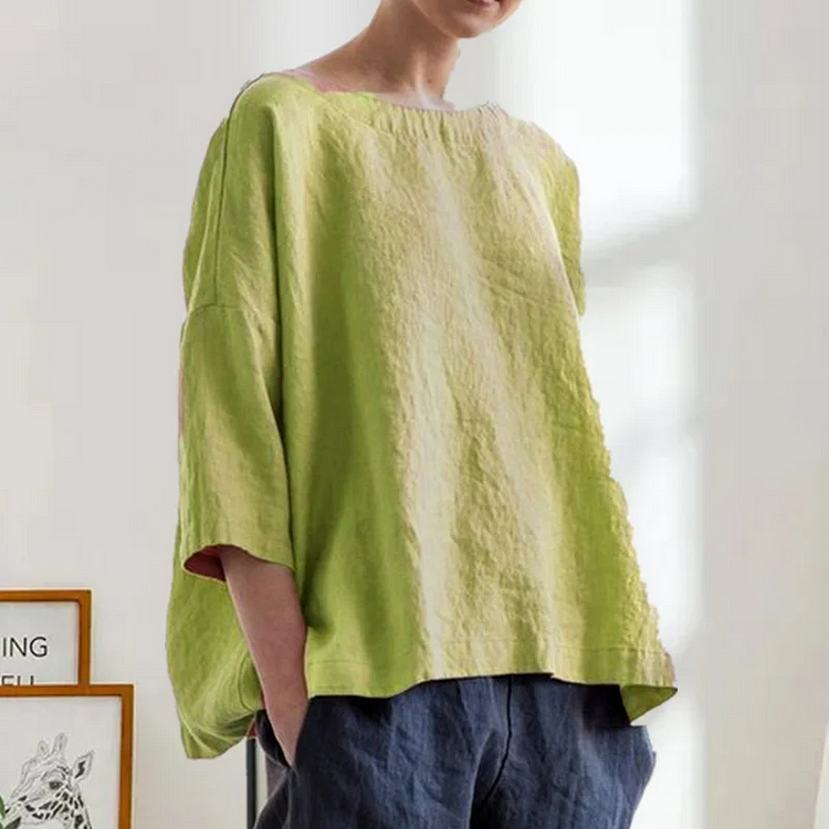Round Neck Cotton and Linen T-shirt Loose Plus Size Womens Top