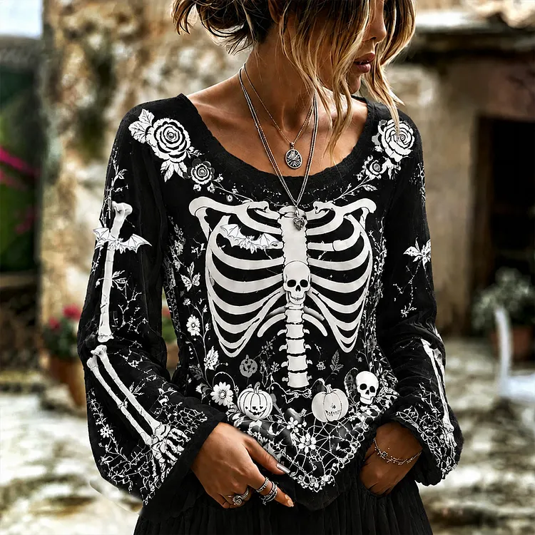 Halloween Skull Art Black And White Contrast Linen Long-sleeved Top