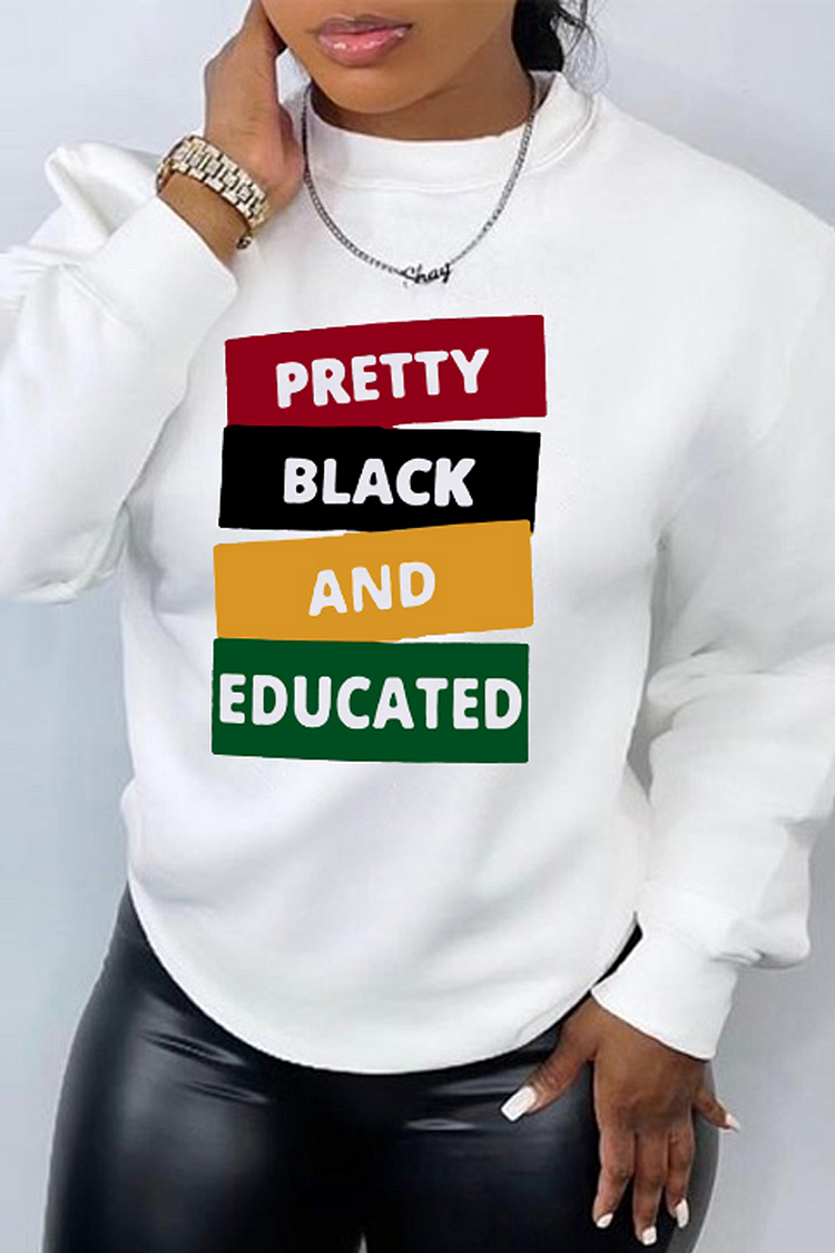 White Fashion Street Print Patchwork Letter O Neck Tops
