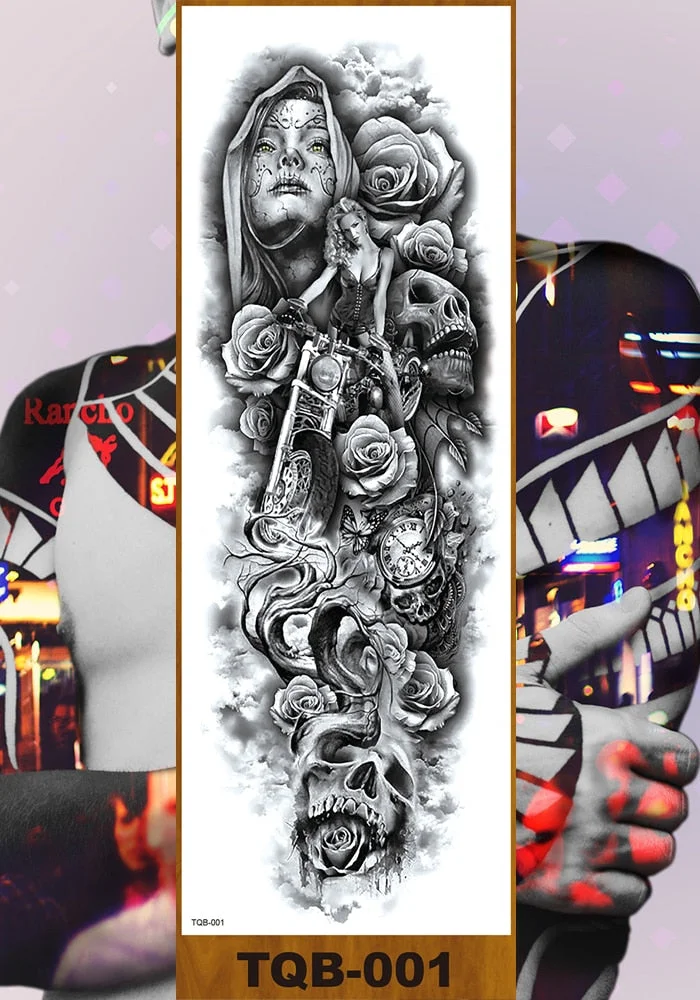 Full Flower Arm Temporary Tattoo Sticker Man Woman Body Leg Fake Tatoo Skull Night Demon Grim Reaper Good and Evil Waterproof