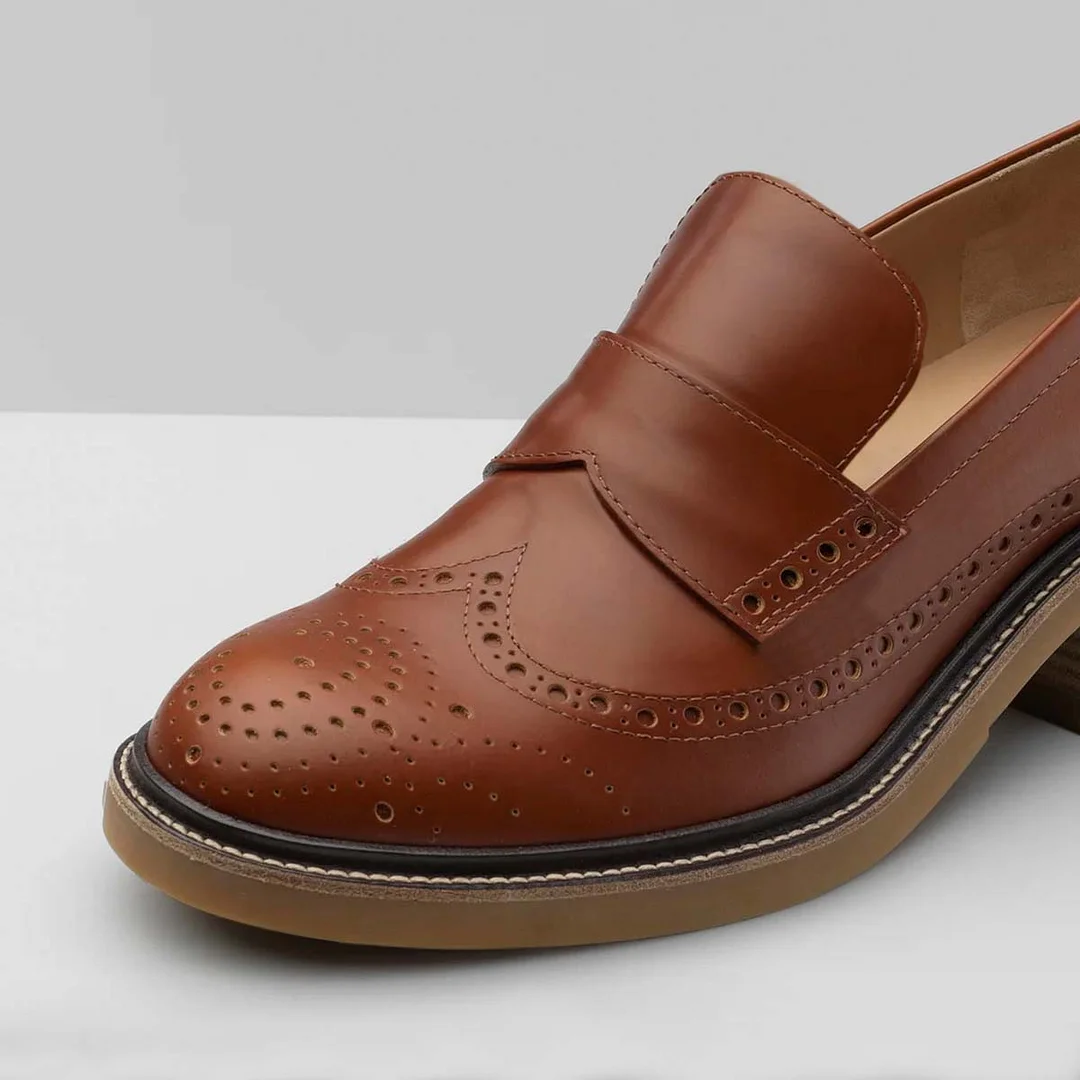 Brown Vegan Leather Round Toe Block Heel Slip-On Loafer Shoes Women