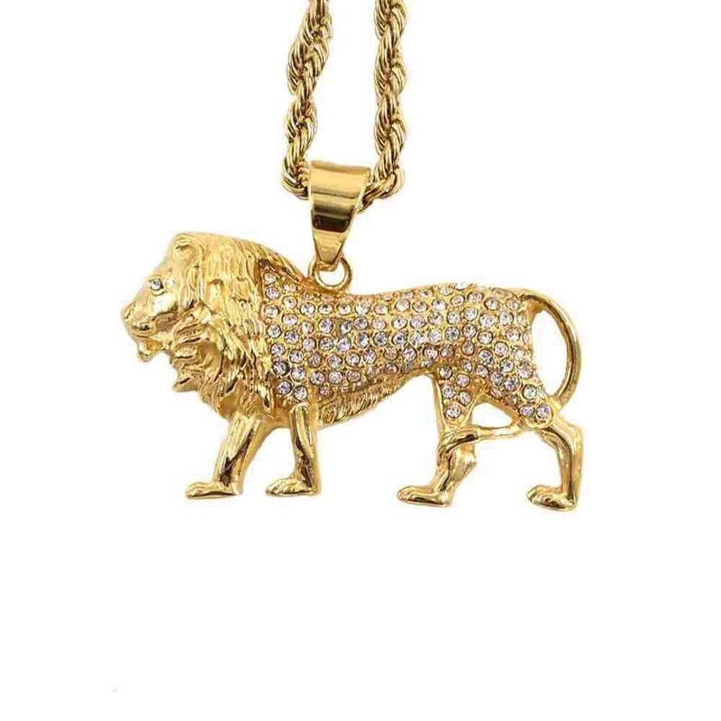 Iced Out Rhinestone Gold Lion Pendant Necklace-VESSFUL