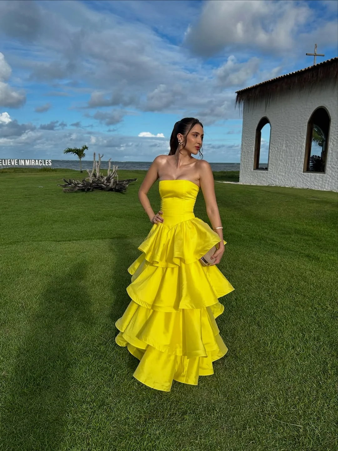 Dreamlike Yellow Straight Across Sleeveless Tiered Ruffle Prom Dress YK0238
