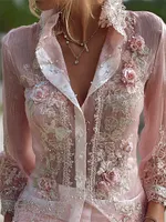 Classy Pink Roses Lace Embroidered Flowy Linen Blouse