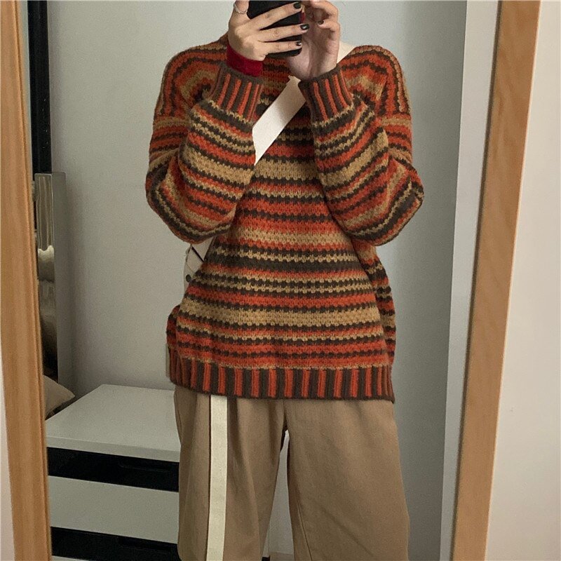 Women's Round Neck Retro Long-Sleeved Sweater Student Tide Wear Knitted Top Korean Autumn Winter Warm Striped Pullovers ML144