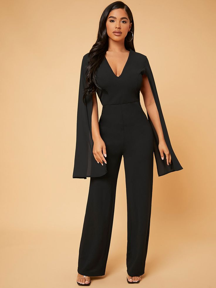 Lussooy Black V-Neck Elegant Long Jumpsuit With Cape Sleeves  
