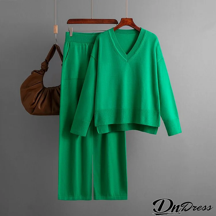 Autumn Winter Women Fashion Loose Casual Solid Color Sweater Pants Two-Piece Set