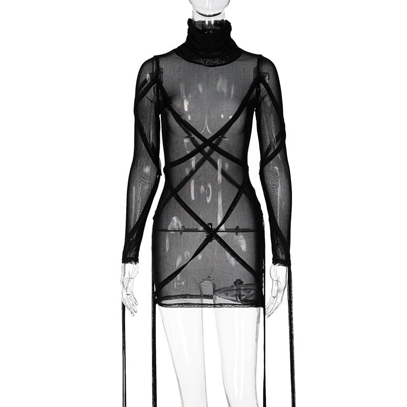 Hugxitar 2021 Long Sleeve Mesh See-Through Bandage Sexy Mini Dress Summer Women Streetwear Outfits Y2K Chic Party Club Clothing