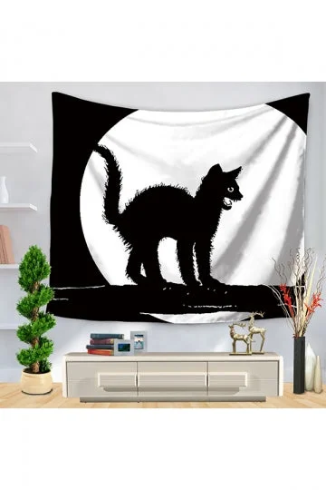 Black Cat Pattern Home Decor Halloween Wall Tapestry White-elleschic
