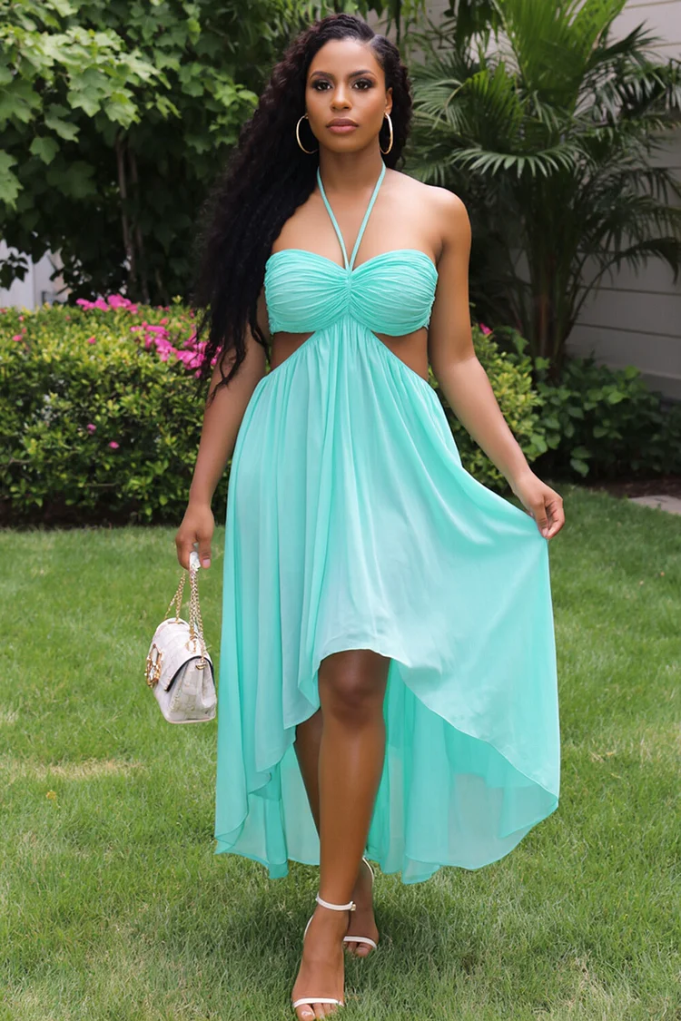 Halter Cutout Solid Vacation Maxi Mullet Dresses-Aquamarine [Pre Order]