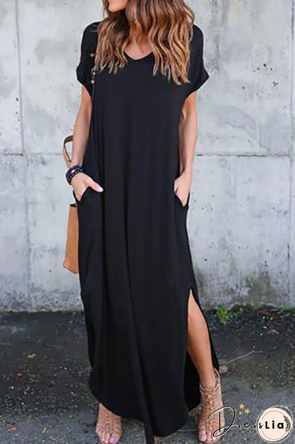 Solid Side Slit Pocket Maxi Dress