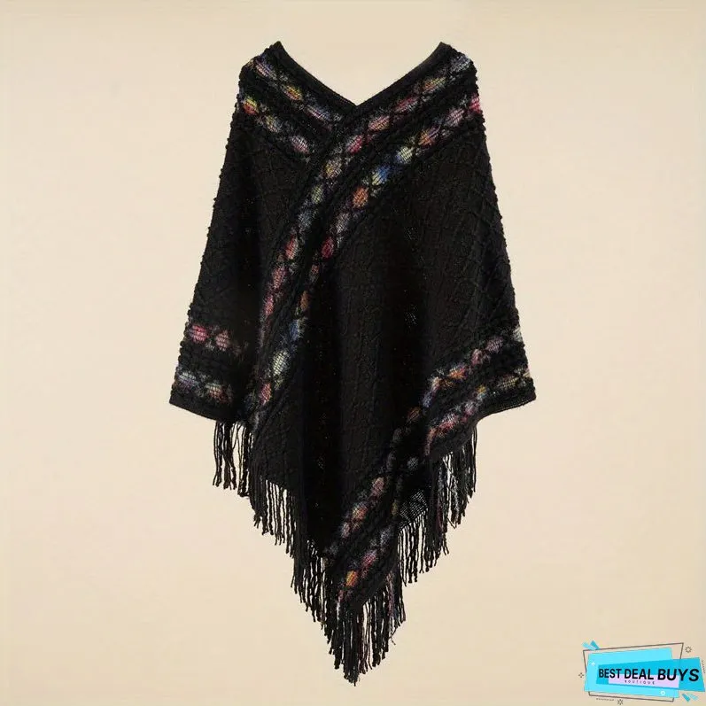 Pullover Woven Shawl Large Warm Fringed Shawl Wrap Windproof Shawl Cape For Casual Outdoor