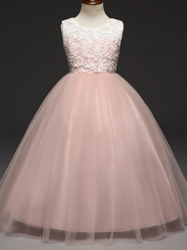 Daisda Ball Gown Sleeveless Jewel Neck  Flower Girl Dress Floor Length Tulle With Lace 