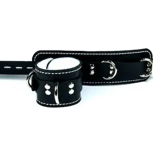 pornhint Pornhint Locking Leather Cuffs - Black with White  Lining - Pair of Wrist Cuffs (or) Ankle Cuffs - Choice of Stitching Colors