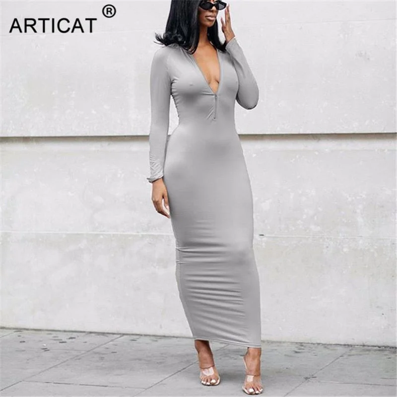 Articat Sexy Bandage Full Sleeve Party Dress Women Solid Color O-Neck Summer Maxi Bodycon Dresses For Ladies Autumn Vestidos