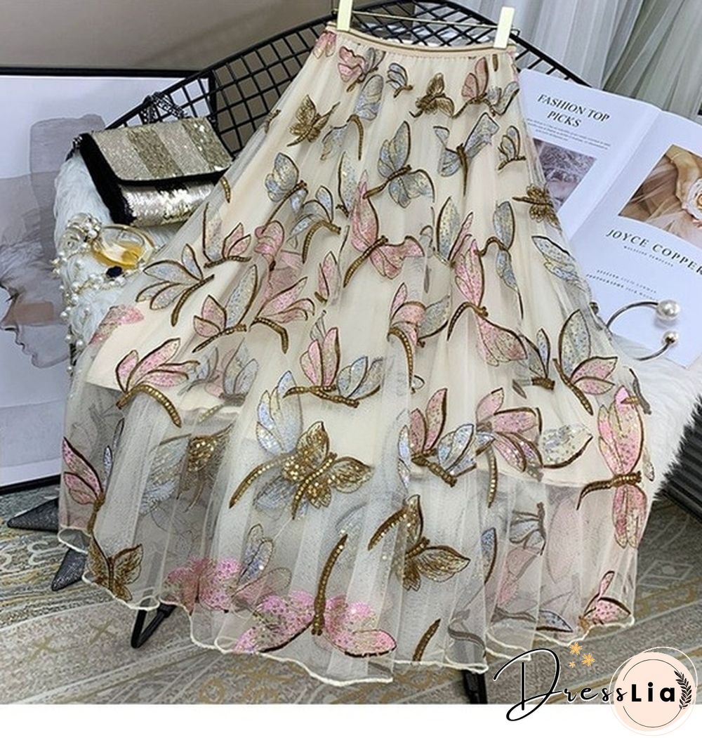 High Quality Sequins Embroidery Dragonfly Two Layer Mesh Pleated Skirt Women Summer High Waist Long Skirts Womens Elegant
