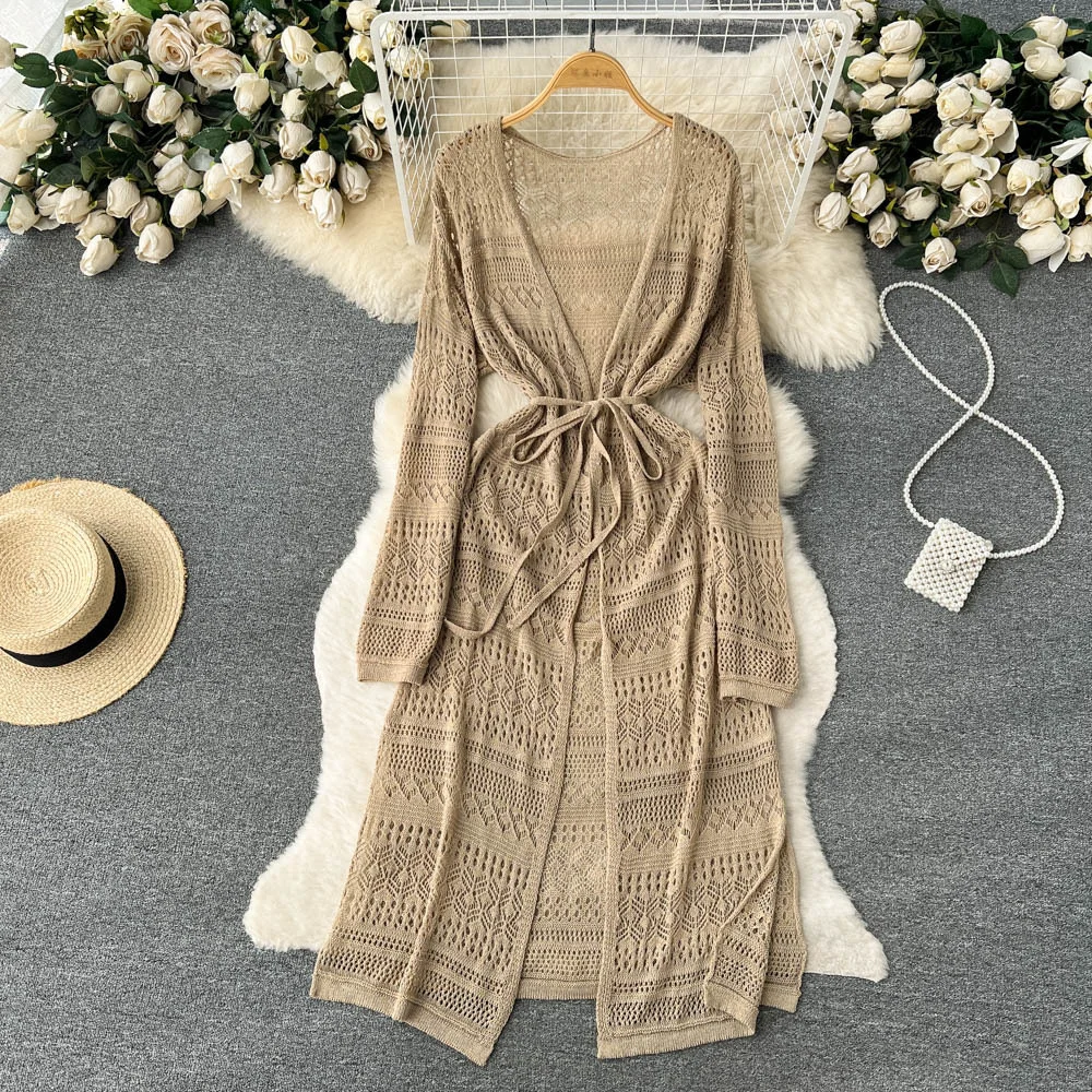 Zingj Zingj Spring And Summer Leisure Cardigan Dress Female Feeling Hollow Out Travel Vacation Wind Open Fork Long Shawl Tide