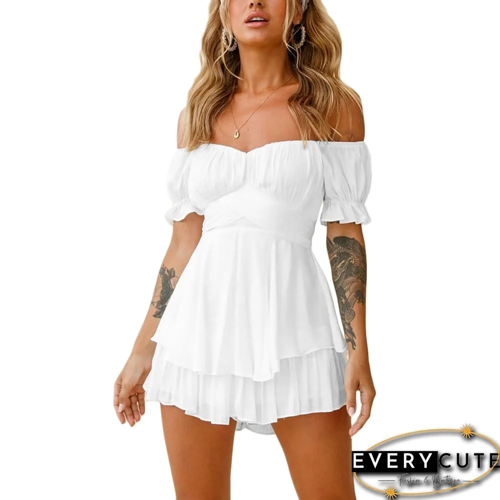 White Off Shoulder Ruffle Sleeve Romper