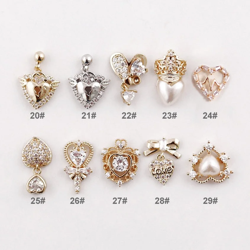 10pcs/lot 3D Love Heart Alloy Nail Art Zircon Pearl Crystal Metal Manicure Nails Accessories Supplies Decorations Charms 20#-29#