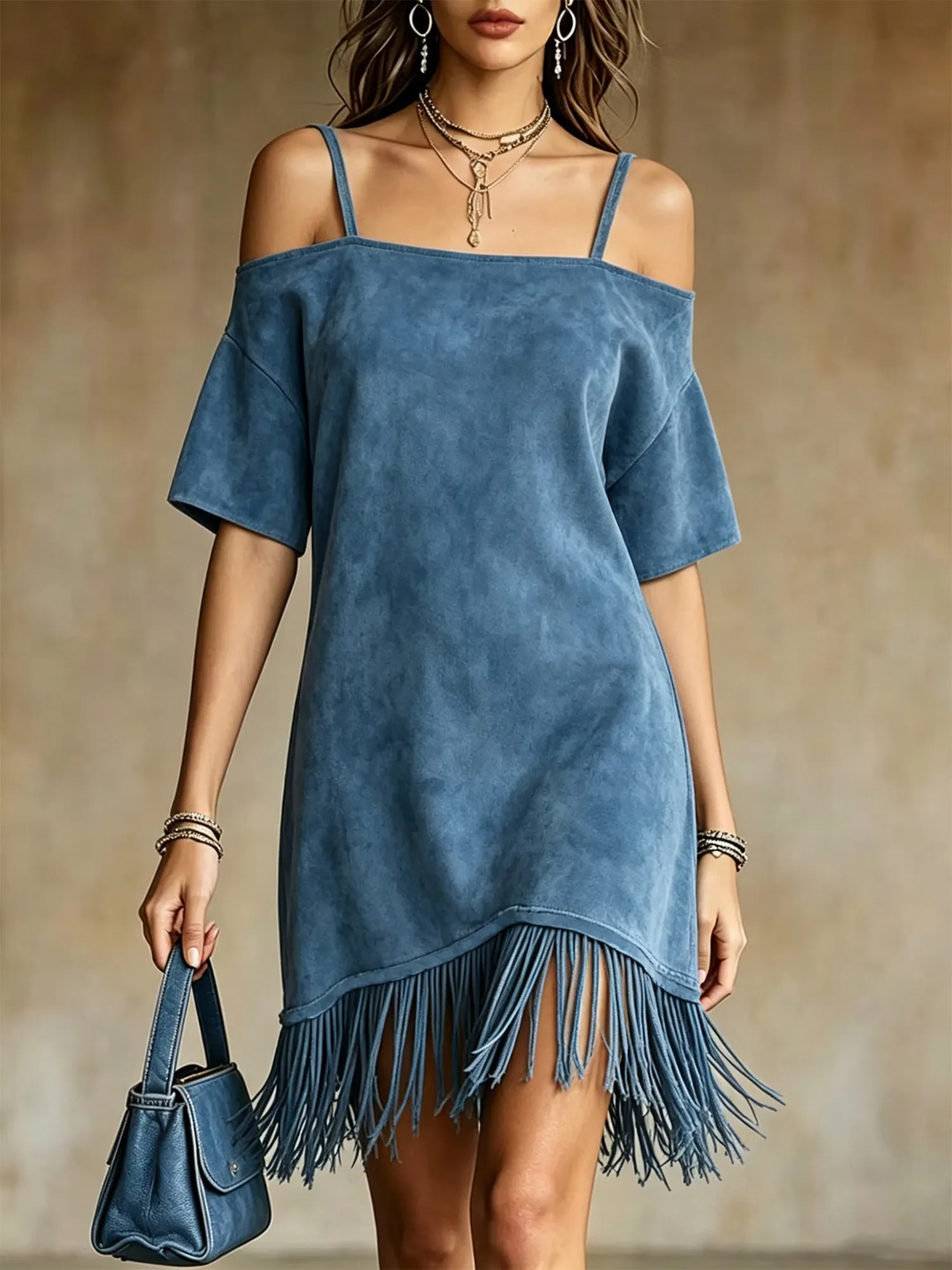 Perfect for a Country Music Festival &mdash; Dusty Blue Off-the-Shoulder Fringe Faux Suede Women's Mini Dress