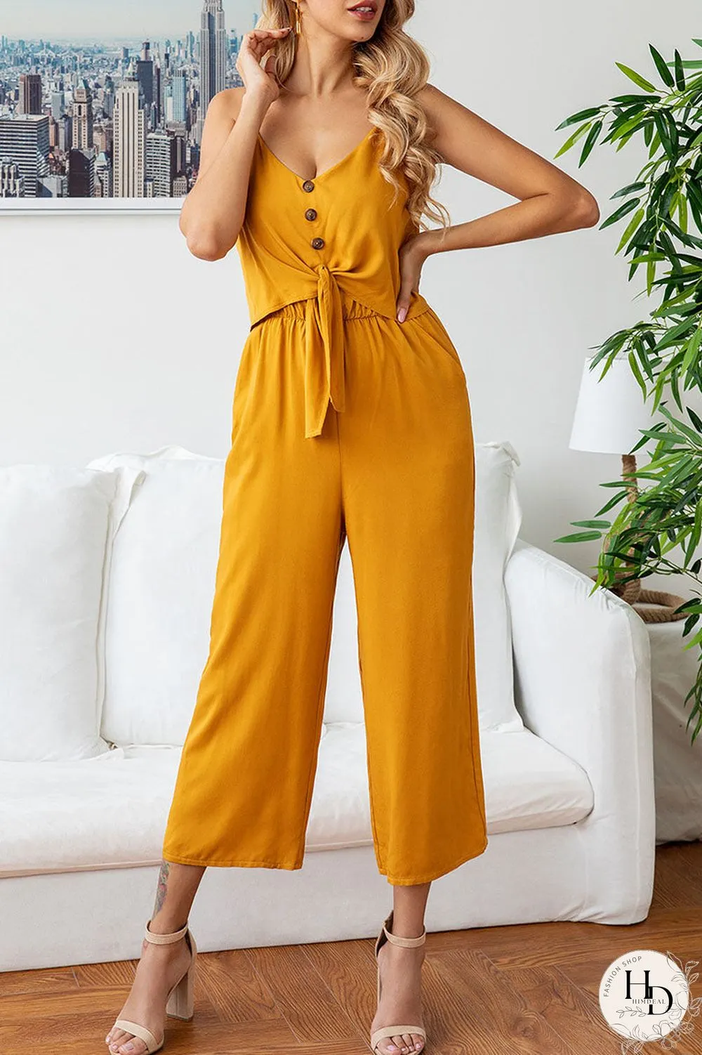 Fashion Street Solid Split Joint V Neck Loose Jumpsuits