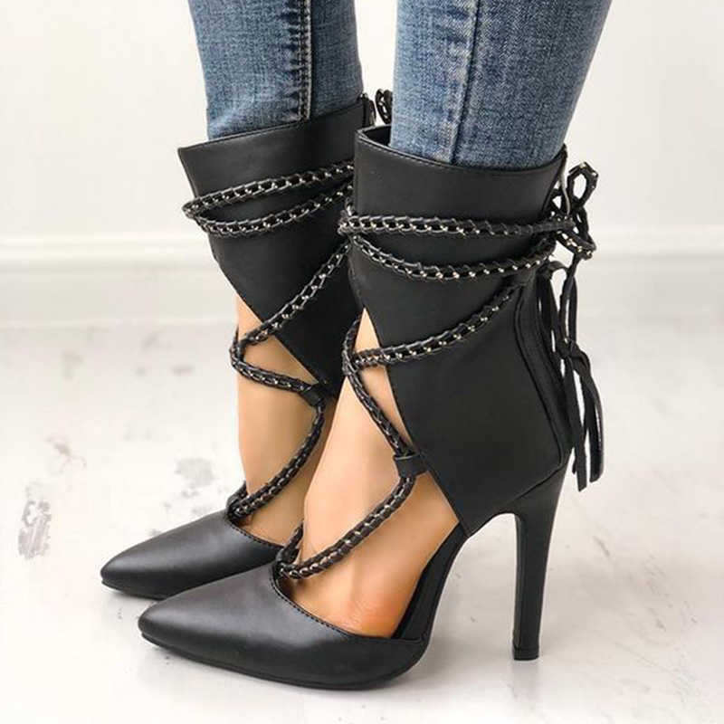 TAAFO Black High Thin Heels Chain Ankle Boots Woman Stiettos Pointed Toe Ladies Shoes